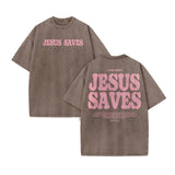 Unisex Jesus Saves Print Acid Washed T-shirt