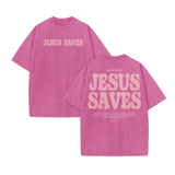 Unisex Jesus Saves Print Acid Washed T-shirt