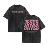 Unisex Jesus Saves Print Acid Washed T-shirt