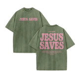 Unisex Jesus Saves Print Acid Washed T-shirt