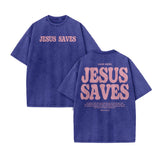 Unisex Jesus Saves Print Acid Washed T-shirt