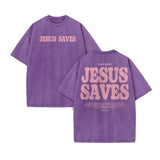 Unisex Jesus Saves Print Acid Washed T-shirt