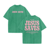 Unisex Jesus Saves Print Acid Washed T-shirt