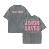 Unisex Jesus Saves Print Acid Washed T-shirt